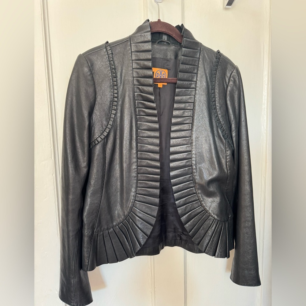 TORY BURCH Black leather ruffle jacket blazer stunning EUC $1598 retail sz 12